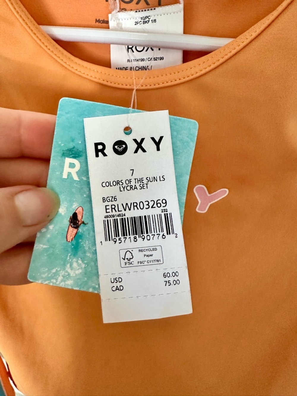 Roxy Girl Orange Long-Sleeve Rashguard with Multicolor Striped Sleeves & bottom - Picture 2 of 4